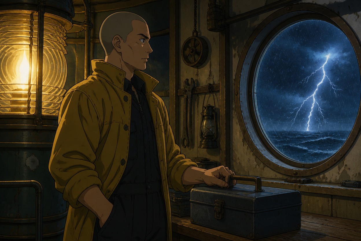 Anime shaved-headed mechanic beside a toolbox and storm-lit round window
