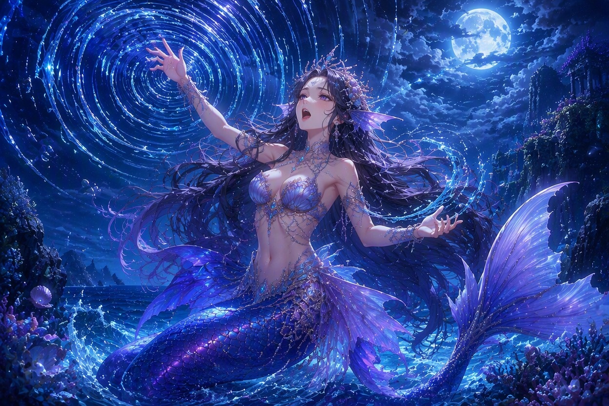 Original siren OC in a singing pose with luminous wave patterns over the sea