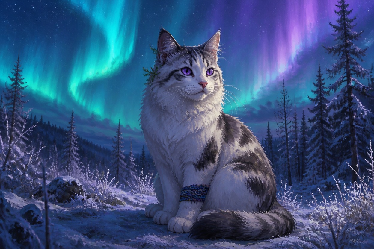 An original adult white-and-charcoal cat beneath northern lights