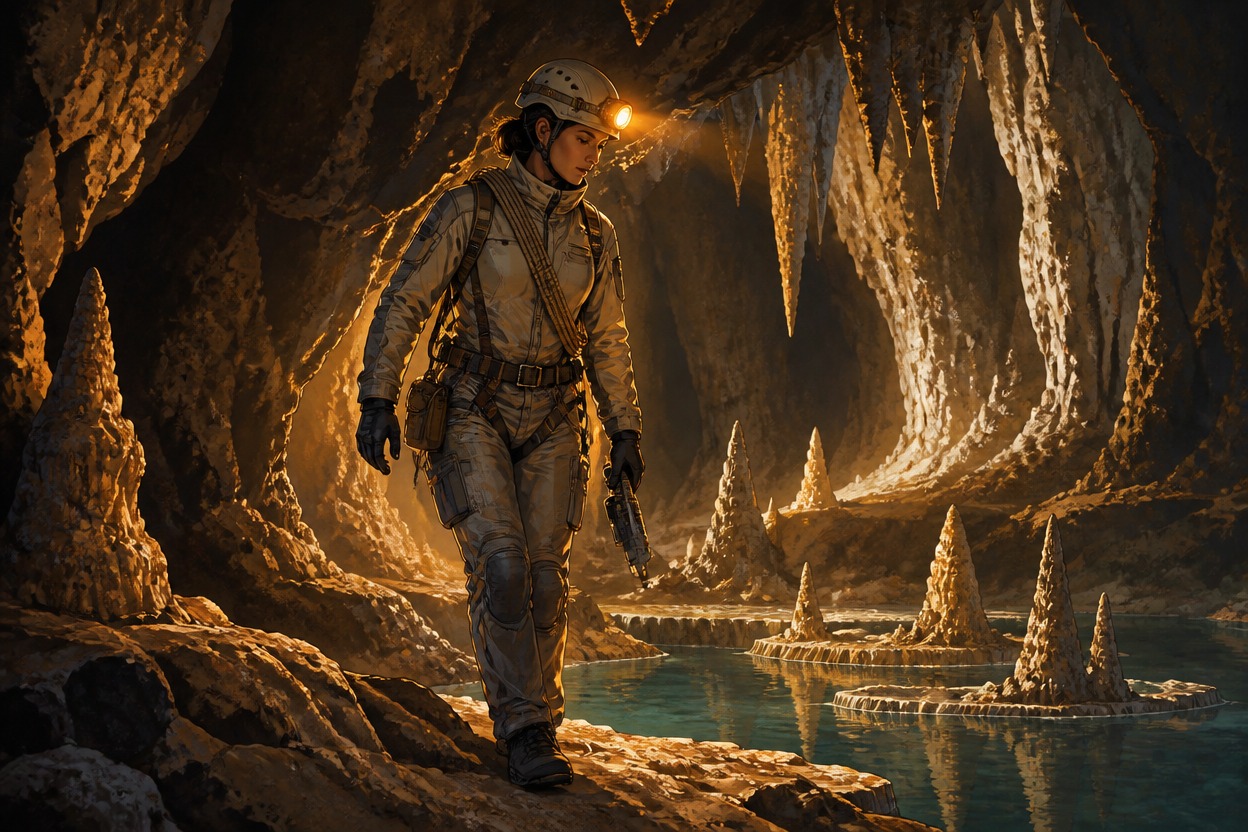 Adult cave surveyor in a matte ceramic suit with an amber headlamp beside mineral pools