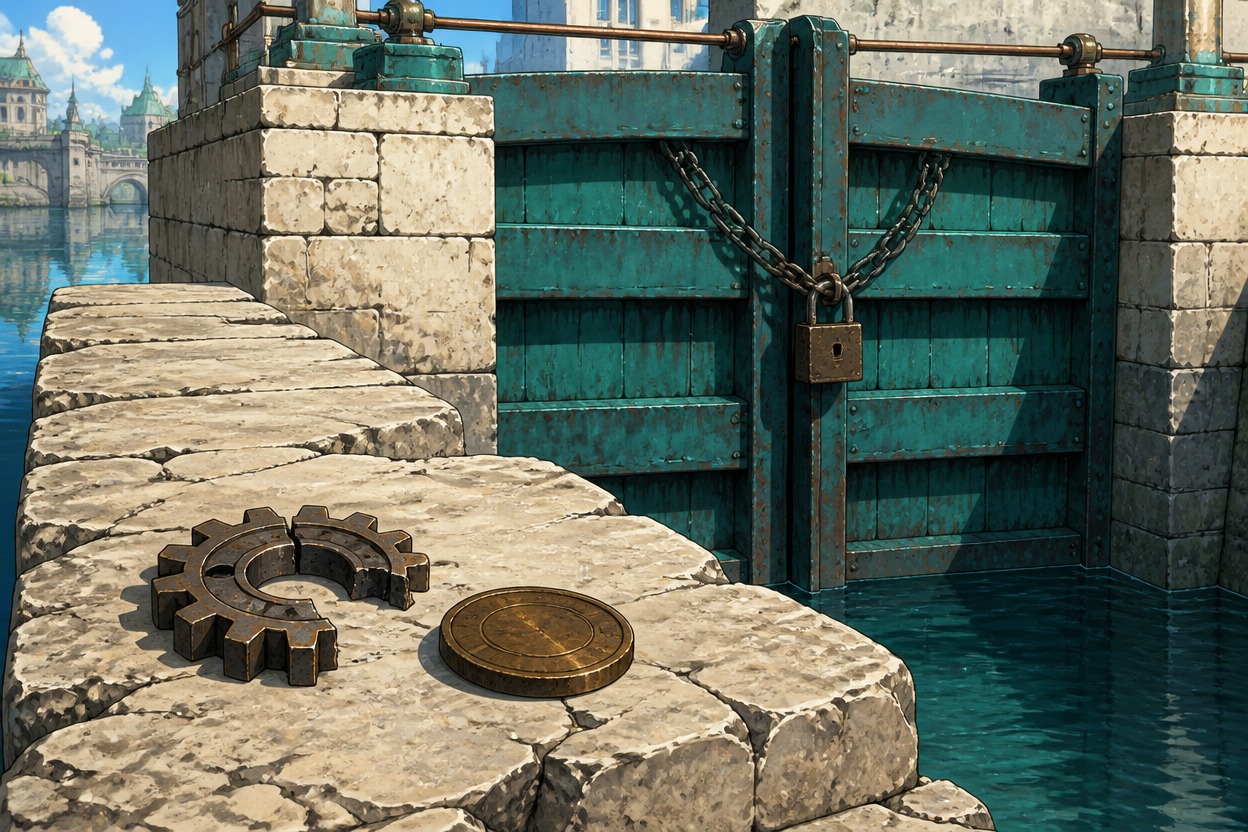 Anime closed teal floodgate with a chained padlock, broken cog and bronze token