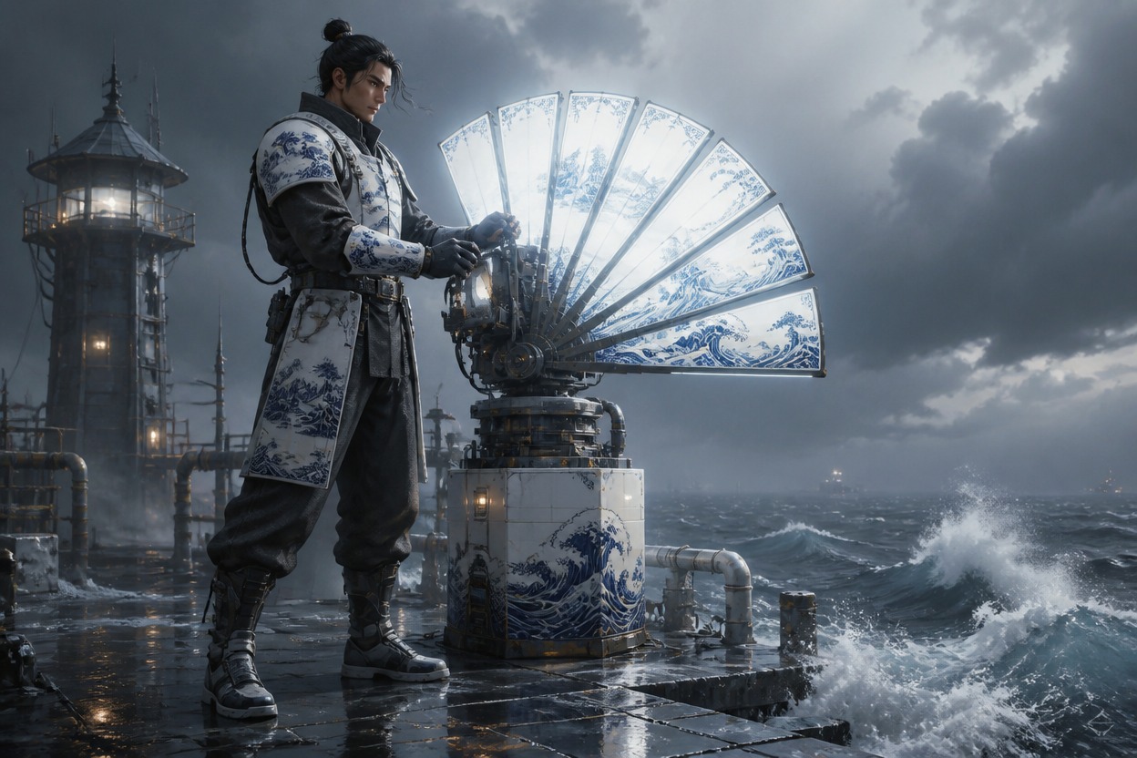 Adult Chinese science-fantasy signal keeper in blue and white ceramic-inspired armor on a coastal platform