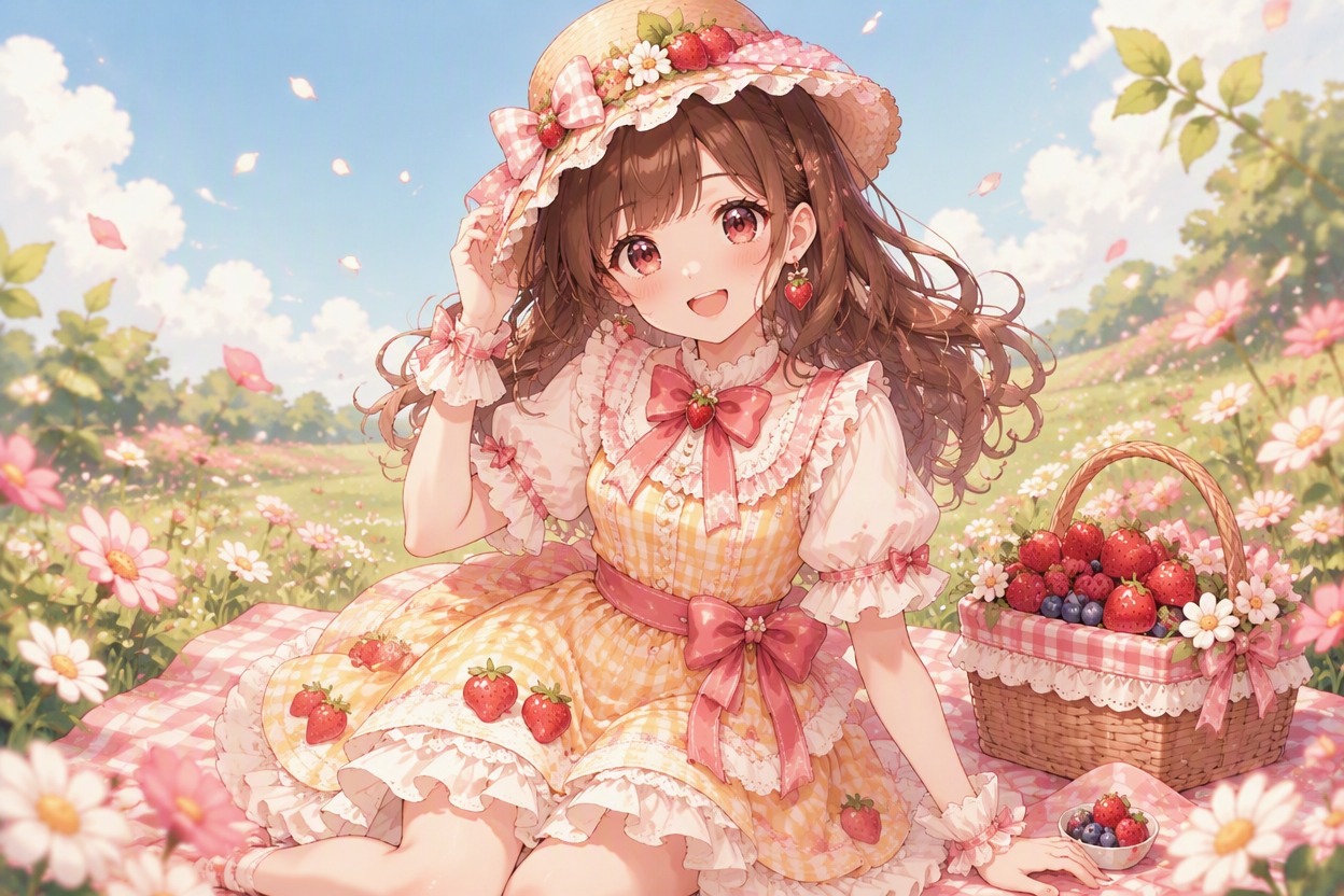 Cheerful berry picnic character with dessert details