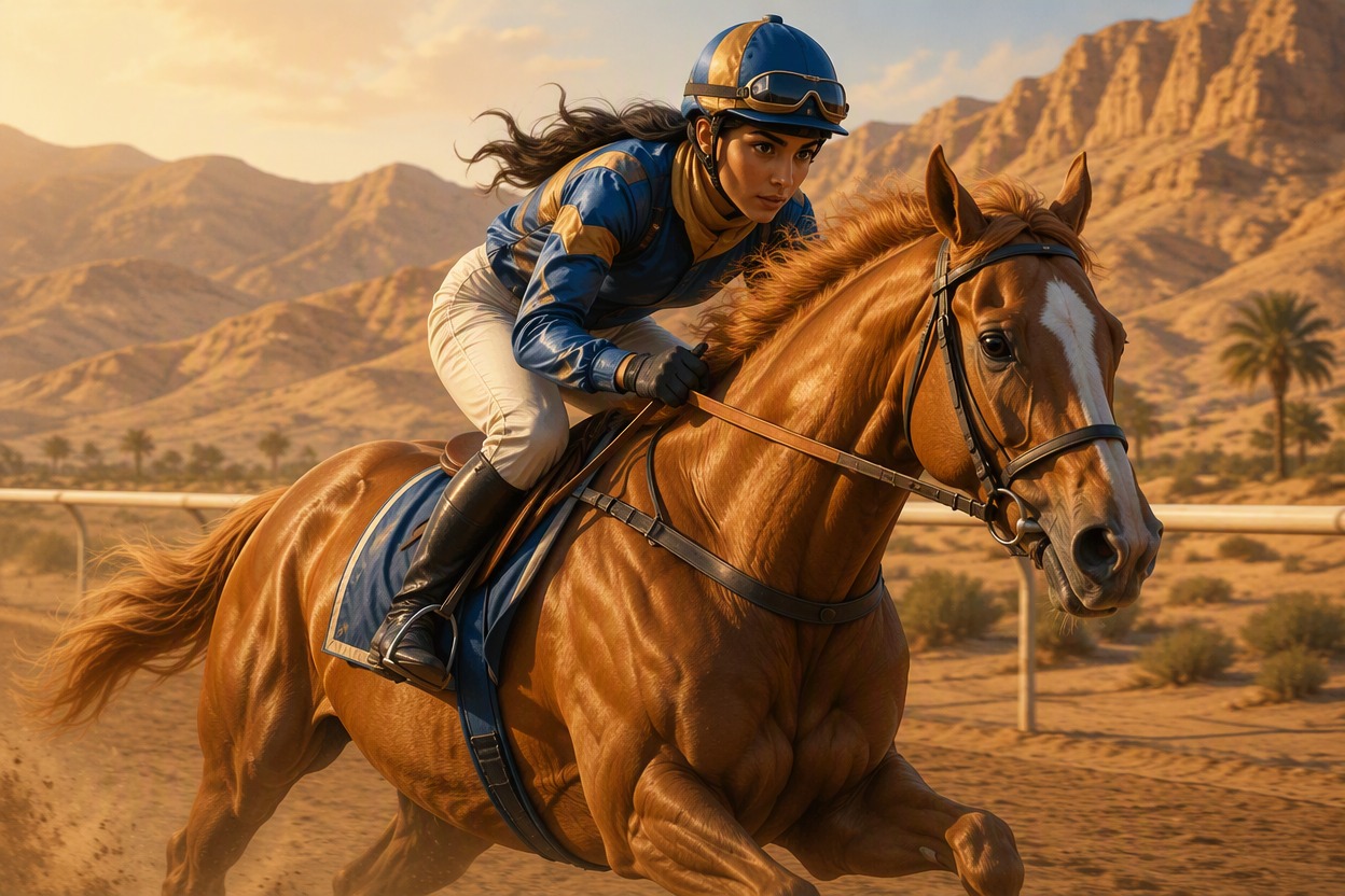 One original North African female jockey in cobalt and sand-colored racing silks riding one lean flaxen chestnut racehorse on a sunlit desert training circuit, aerodynamic posture,