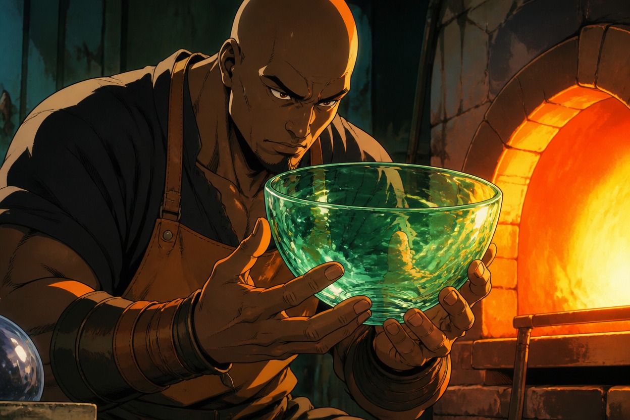 Japanese anime bald glassworker with deep brown skin raises a sea-green bowl toward a glowing kiln