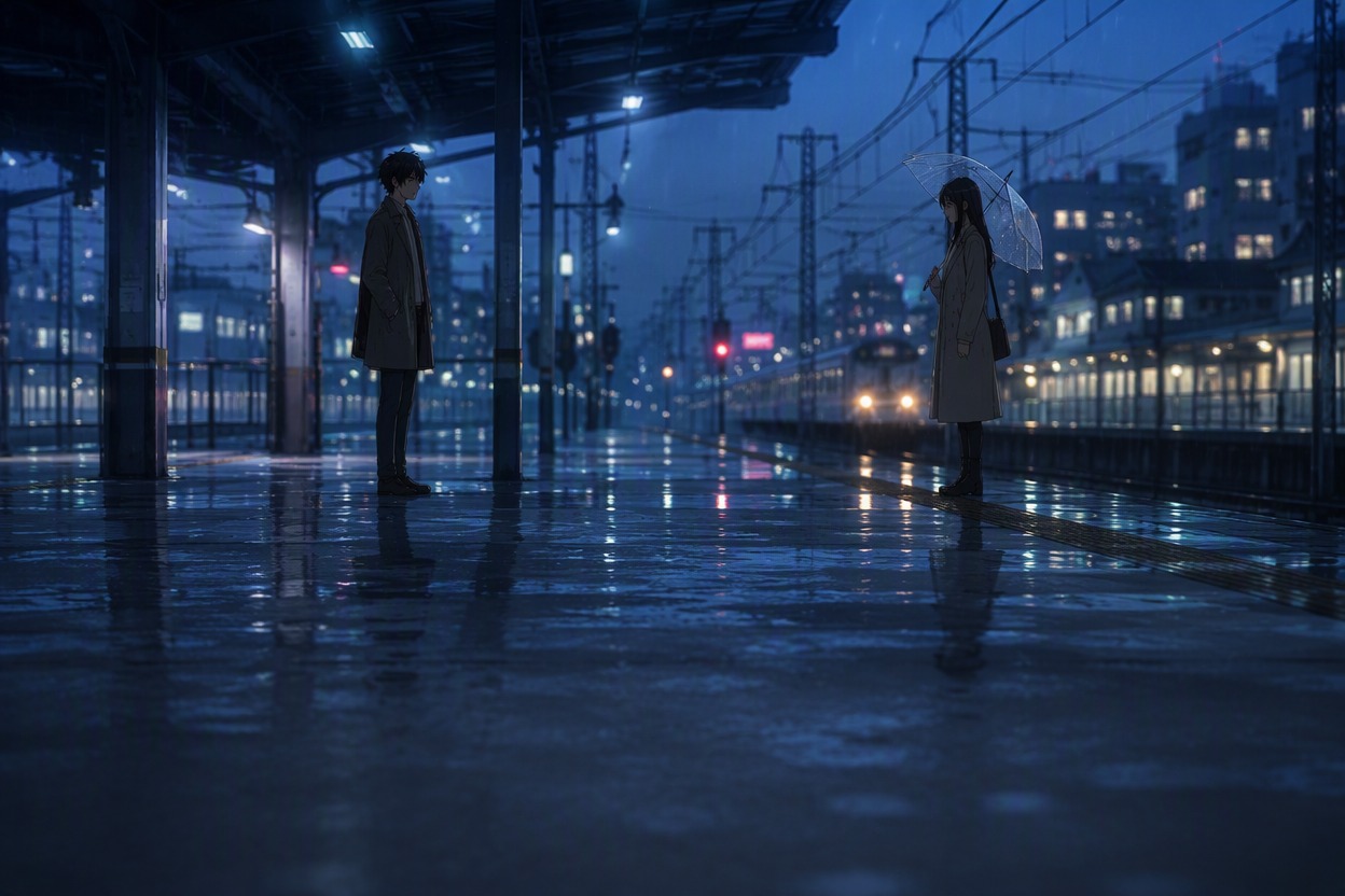 Original anime visual novel scene, two original young adult characters meeting on a rainy train platform, restrained blue palette, cinematic wide composition, expressive body language, empty dialogue-safe lower area, no readable text, no logo, polished cel shading