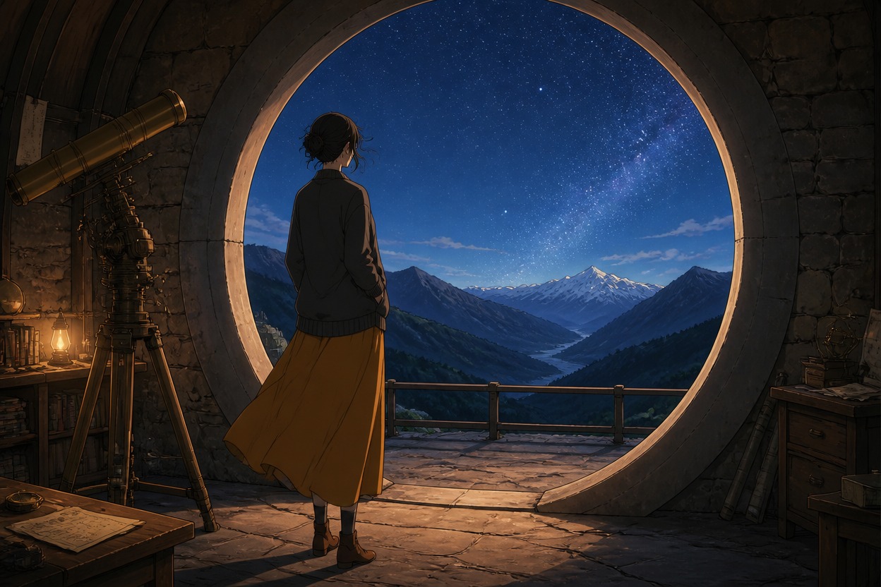 Anime astronomer looking toward mountains from a circular observatory