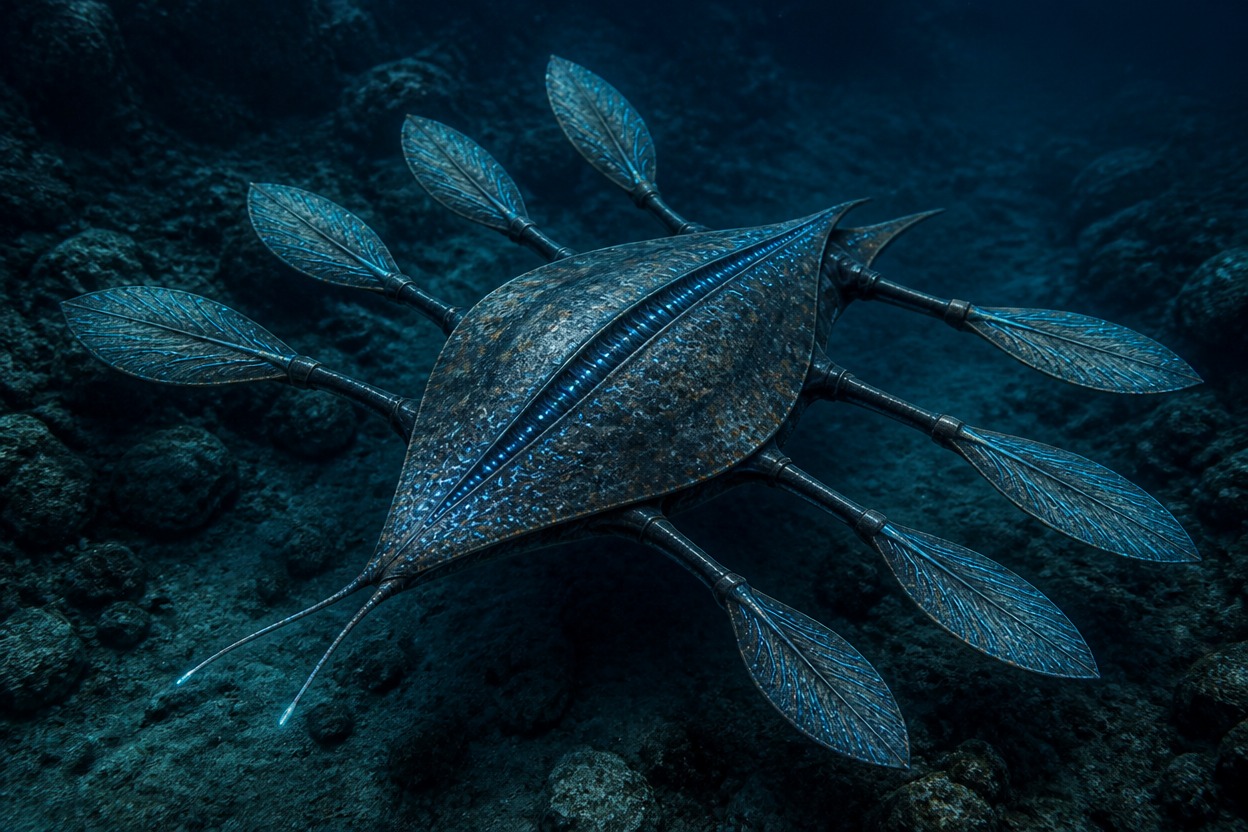 Low eight-finned kelp rower driving through dense underwater fronds