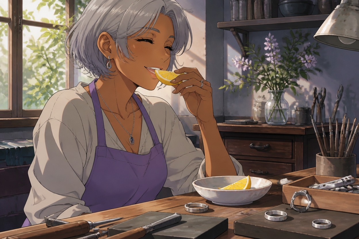 Joalheiro de anime de cabelos prateados com avental violeta saboreando uma fatia de fruta cítrica