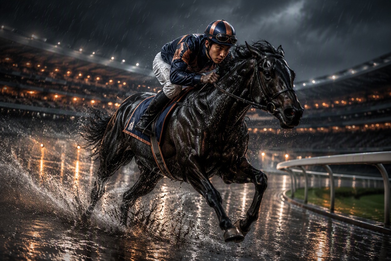 One original East Asian male jockey in navy and copper racing silks riding one powerful black racehorse through the final curve of a rain-damp track, focused expression, dynamic bu