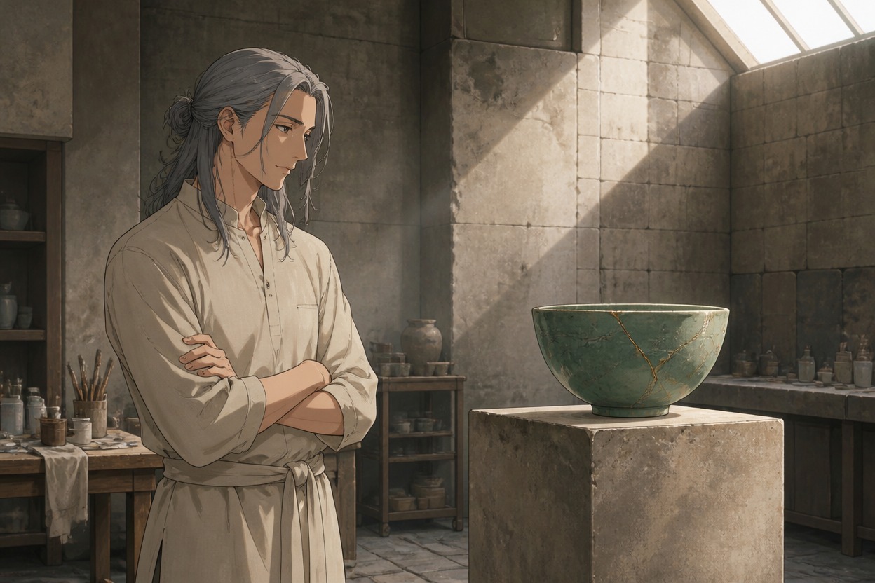 Anime gray-haired conservator in a sand tunic studying a green bowl