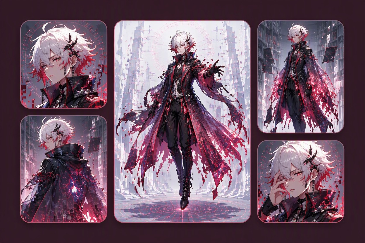 Consistent glitch OC variations with matching identity and visual effects