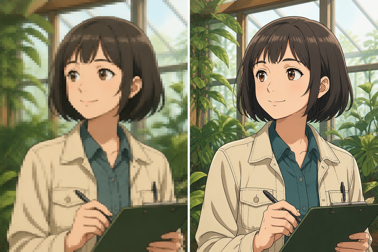 Comparación ilustrativa de anime de un botánico sosteniendo un portapapeles sencillo en un invernadero, suave y pixelado a la izquierda y nítido a la derecha