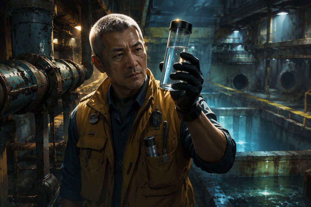 One original East Asian male wastewater chemist, age 51, graying buzz cut, mustard utility vest over charcoal pressure shirt, examining a clear sample cylinder beside corroded pipe