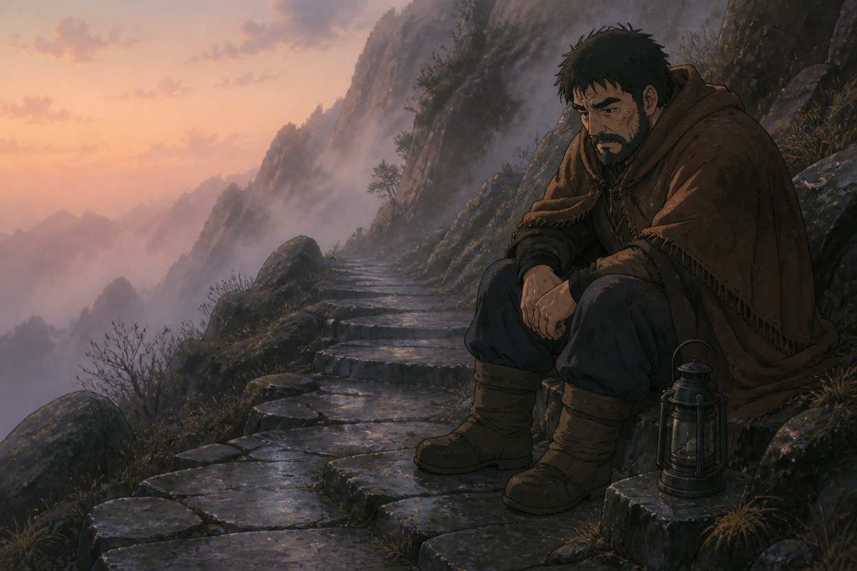 Japanese anime ridge guide resting beside a dark lantern on misty mountain steps