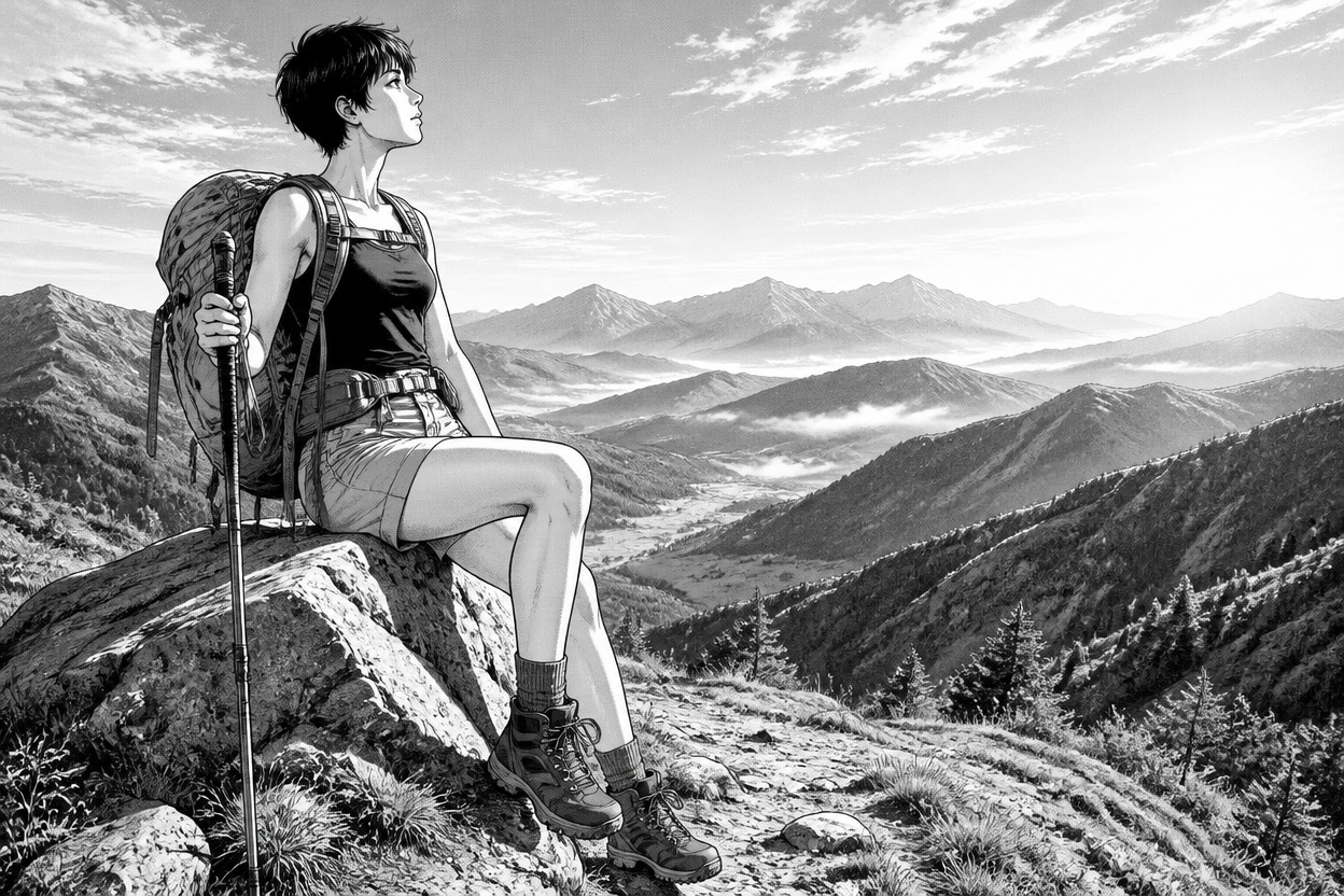 登山者在山徑旁休息的全身漫畫插圖