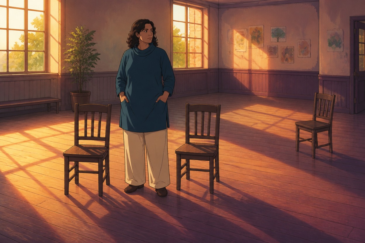 Anime mediator in a teal tunic standing among three empty chairs