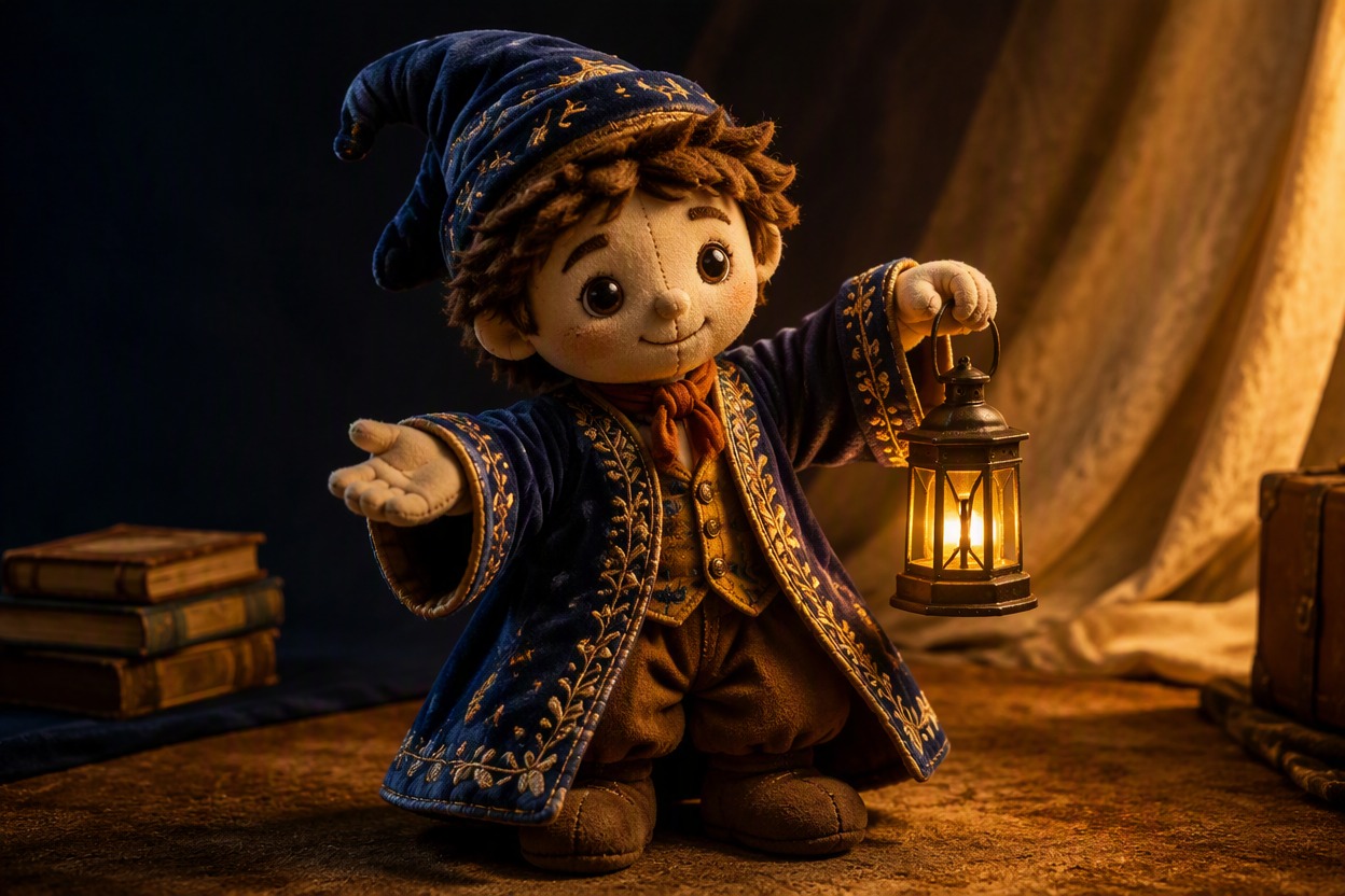 One original velvet puppet storyteller with embroidered costume, gentle face, visible fabric seams, small lantern prop, theatrical warm light, simple dark-to-light backdrop, no readable text, no watermark