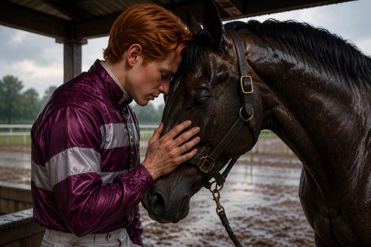 One original red-haired male jockey in plum and silver racing silks gently cooling down one dark roan racehorse beneath a simple shelter after rain, muddy boots, wet mane, affectio