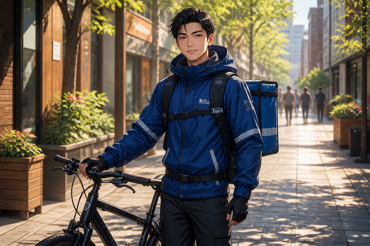Young adult human bike courier OC in practical streetwear