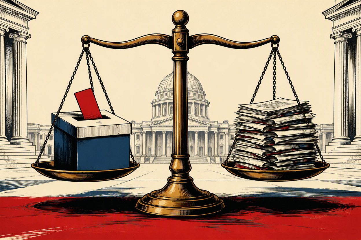 Original editorial cartoon illustration of a large brass balance scale holding a ballot box on one side and stacks of documents on the other, generic civic sett