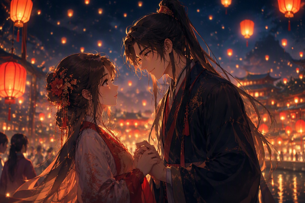 Original anime visual novel scene, two original young adult characters at a lantern festival, emotional medium shot, warm coral and indigo palette, soft bokeh, dialogue-safe framing, no readable text, no logo, polished anime game illustration