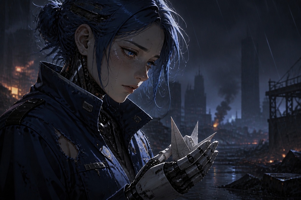 Original android OC showing emotional conflict in a cinematic portrait