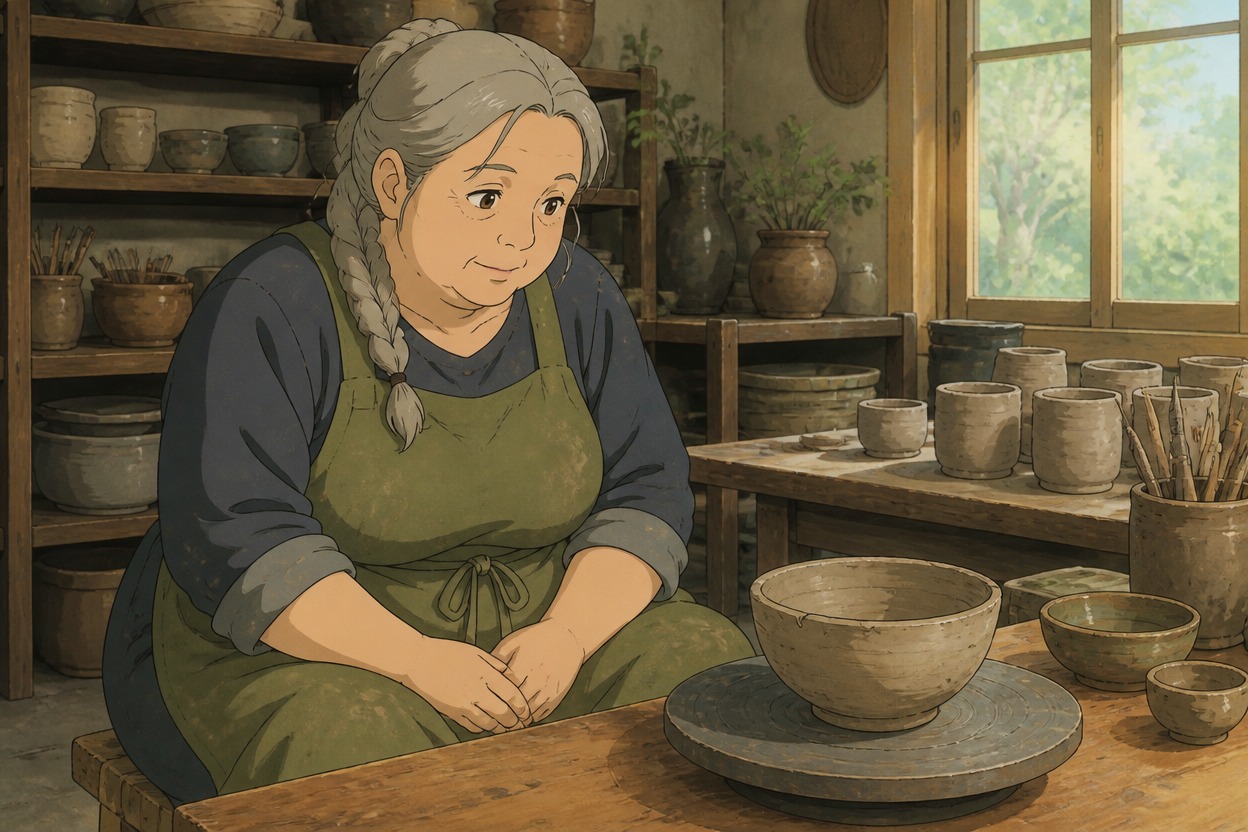 Anime gray-haired pottery instructor studying an uneven clay vessel