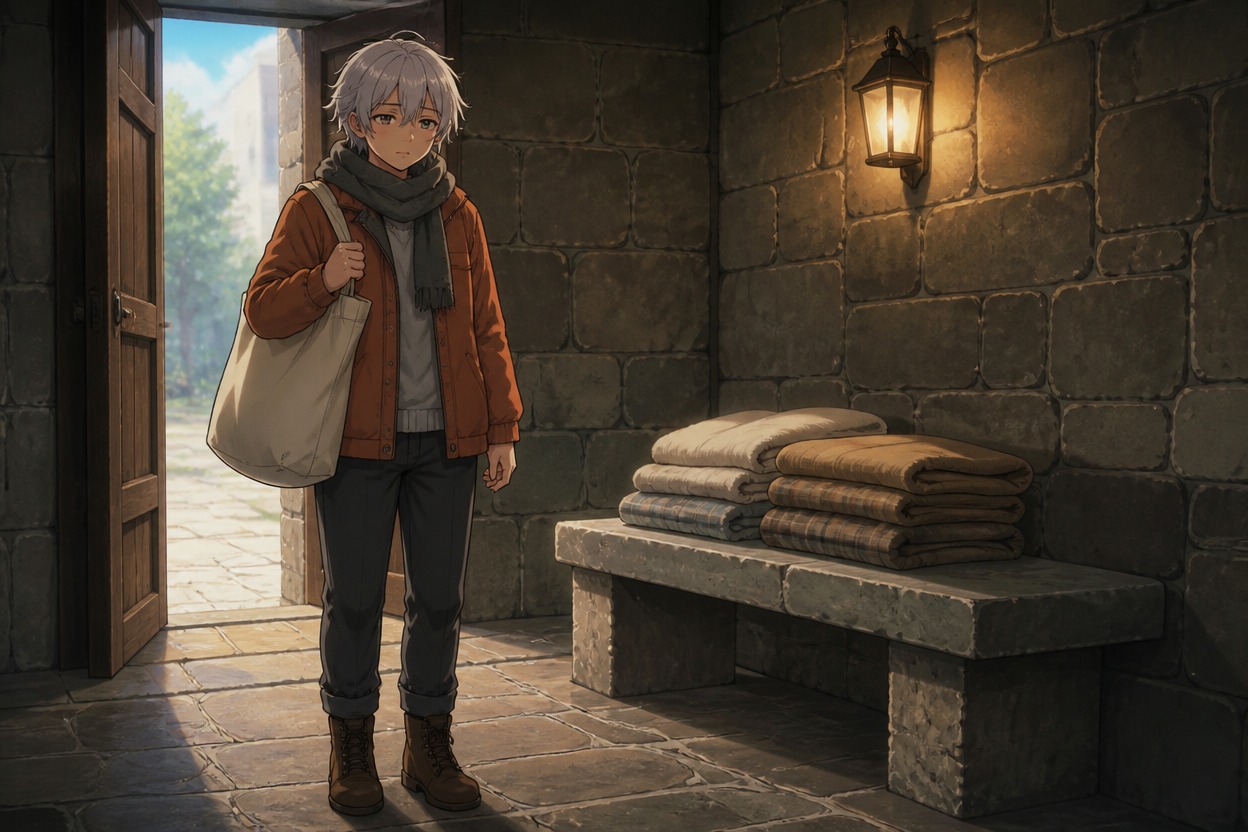 Anime silver-haired volunteer beside folded blankets in a stone entrance hall