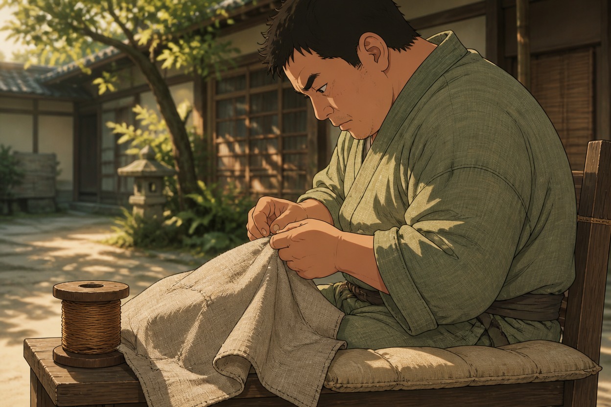 Anime textile mender in a sage smock with fabric on a courtyard bench