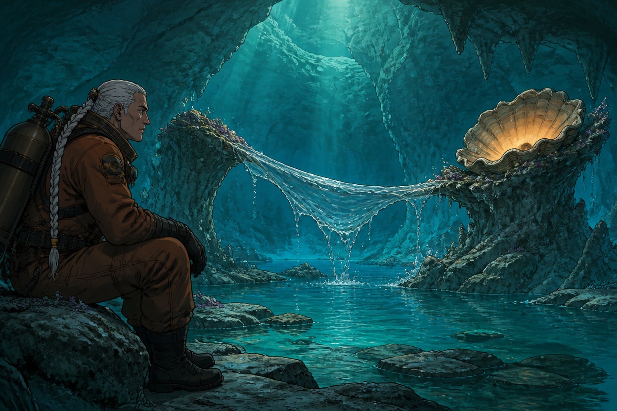 Um mergulhador de tranças prateadas observa uma ponte de água curvada sob uma concha brilhante em uma caverna turquesa