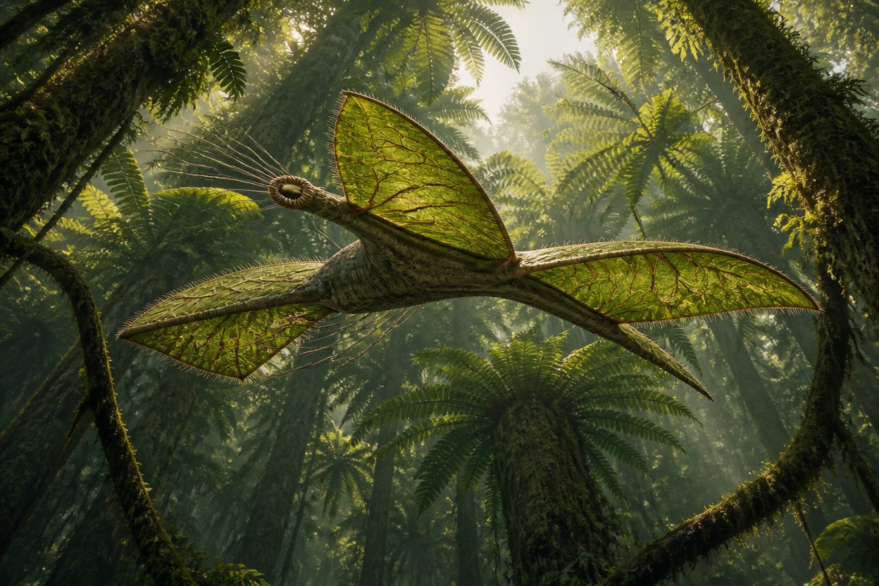 Long-bodied canopy browser gliding between giant fern crowns on four membrane sails