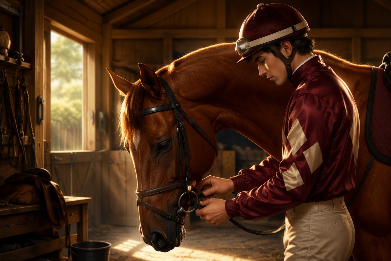 One original young adult jockey and one original chestnut thoroughbred racehorse standing together in a quiet dawn paddock, jockey has warm brown skin, short curly black hair, teal