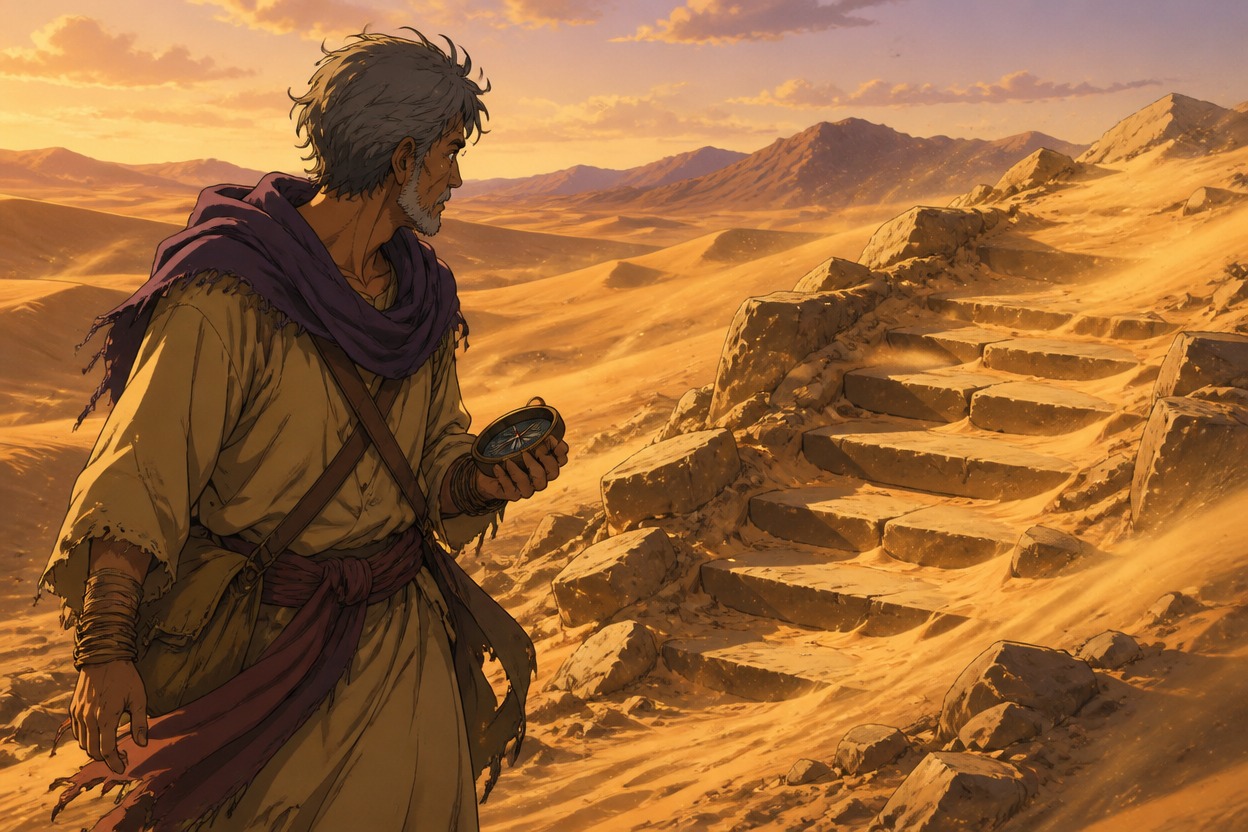 Japanese anime desert navigator holds a compass beside stone steps exposed in the sand