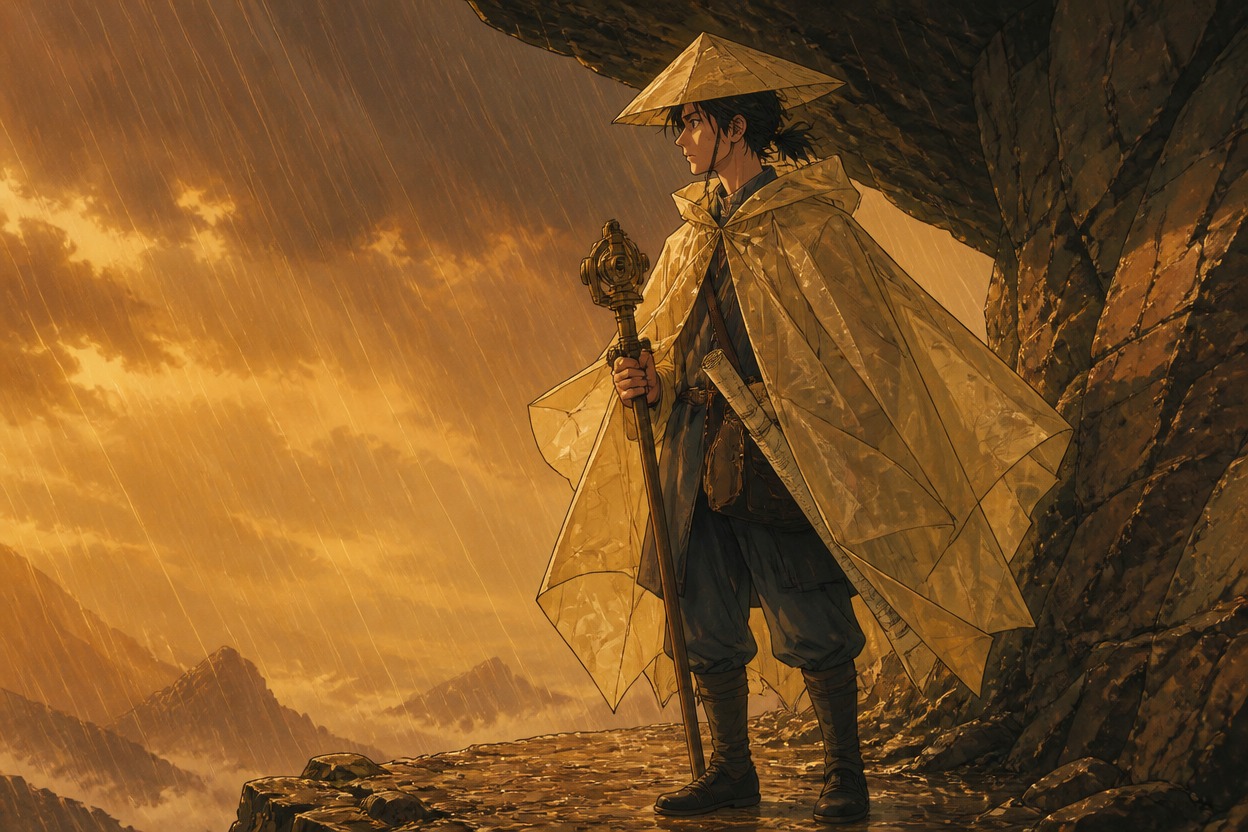 Anime traveler in a translucent rain mantle sheltering beneath a stone overhang