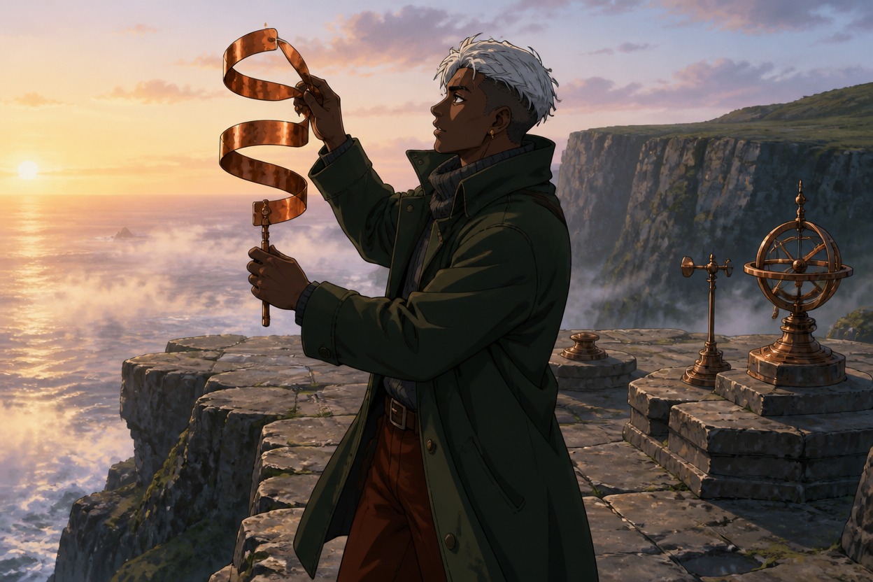 Japanese anime dark-skinned weather observer with silver hair grips a copper ribbon on a coastal terrace