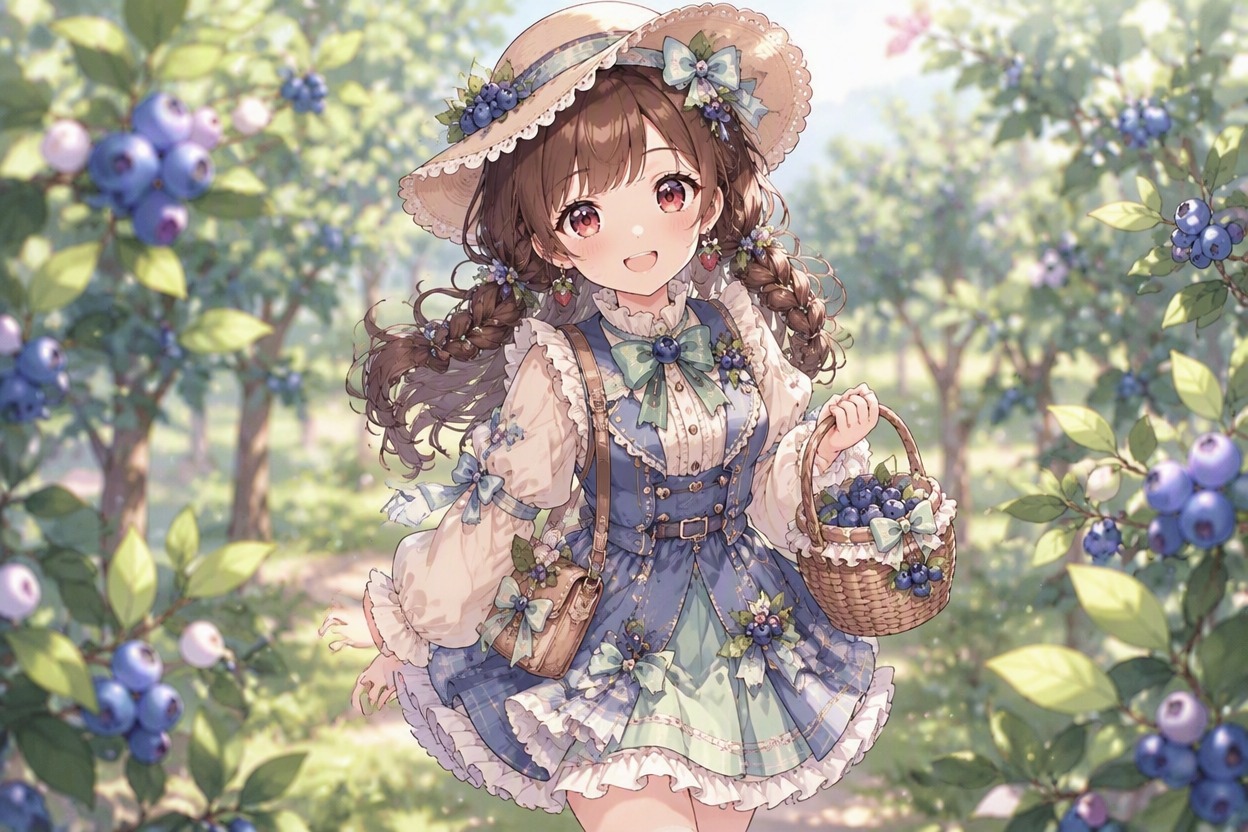Pastel orchard explorer character with berry accessories
