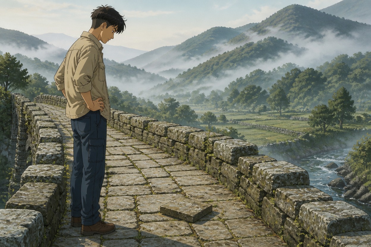Anime engineer pausing before a loose stone on a misty footbridge