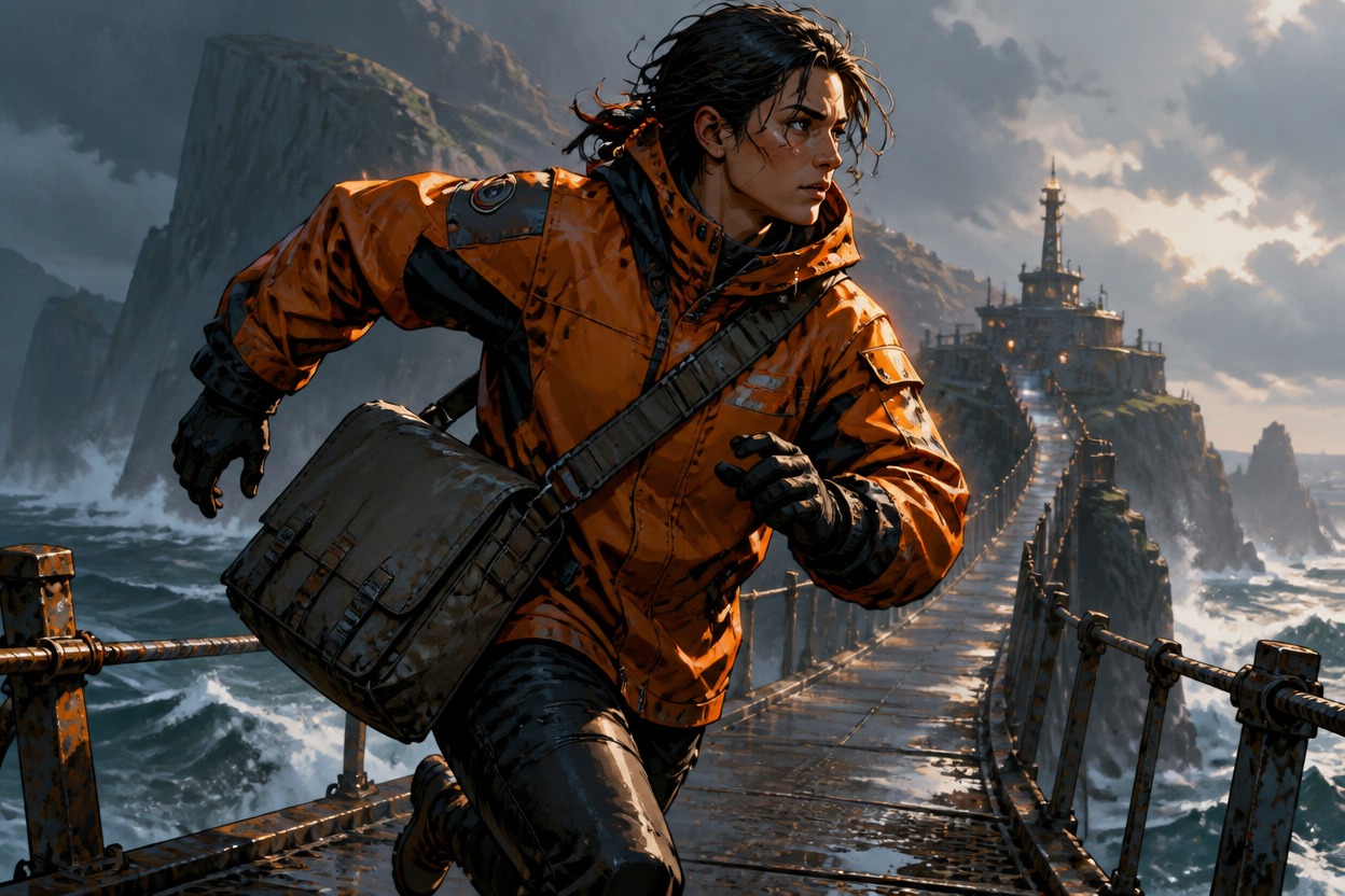 Original adult courier character with a weatherproof satchel crossing a windy bridge