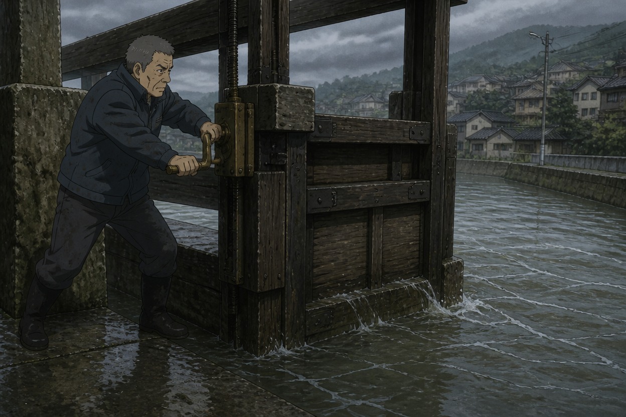 A gray-haired floodgate keeper grips a brass mechanism beside a wooden gate in a rising canal