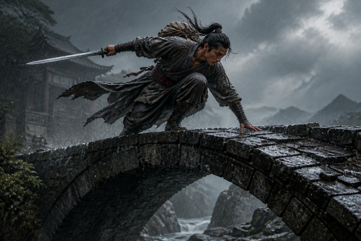 Adult Chinese wuxia courier landing on a rain-dark stone bridge with a plain sword and windblown grey robes