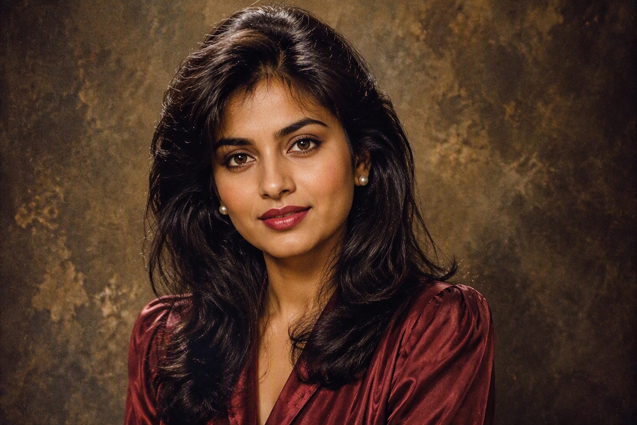 One fictional adult South Asian woman with long layered hair, burgundy blouse and small pearl earrings posed for a cohesive 1990s school yearbook portrait against an olive-brown mottled studio backdrop