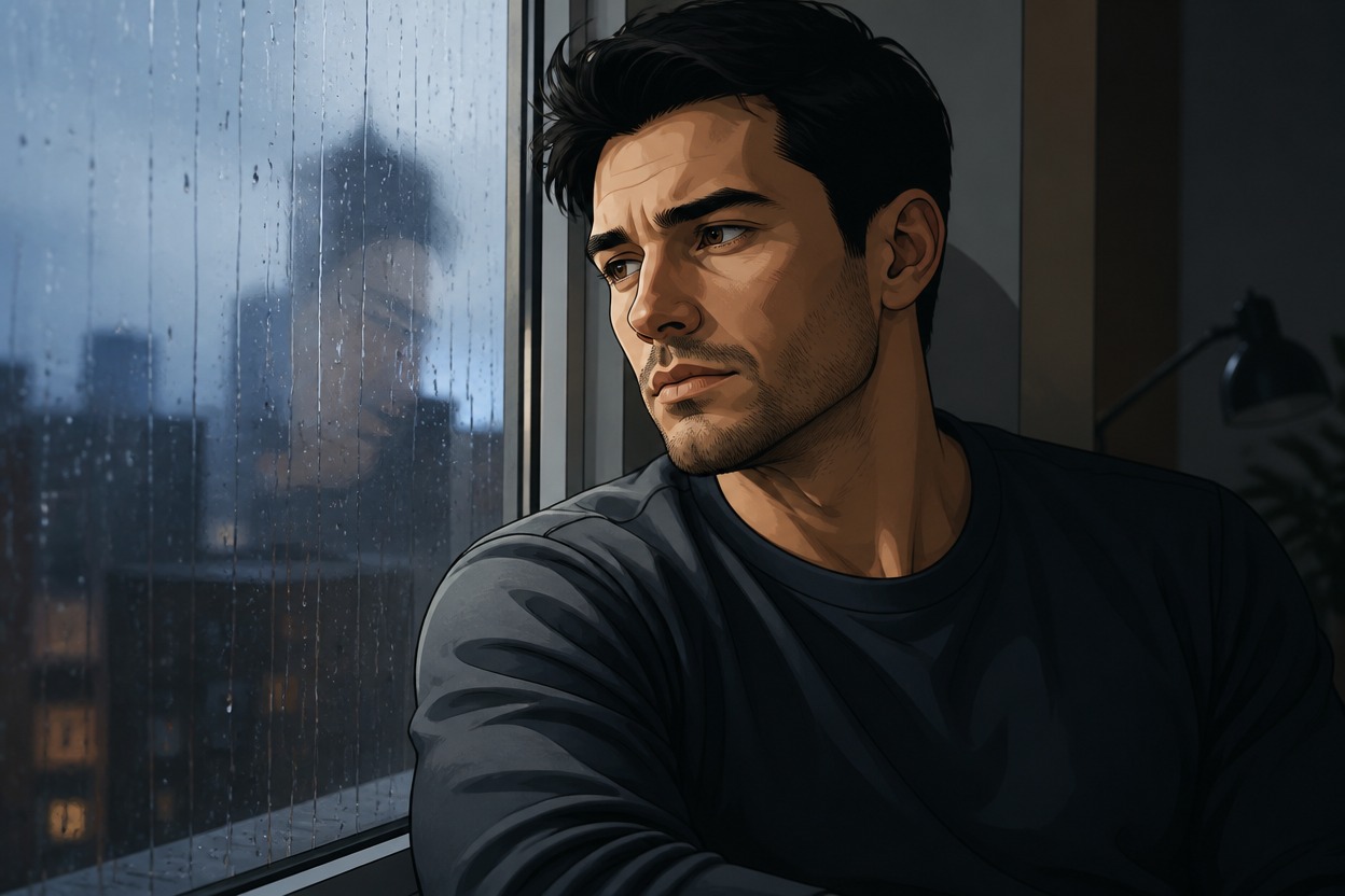 Original adult character with warm brown skin and a thoughtful three-quarter expression