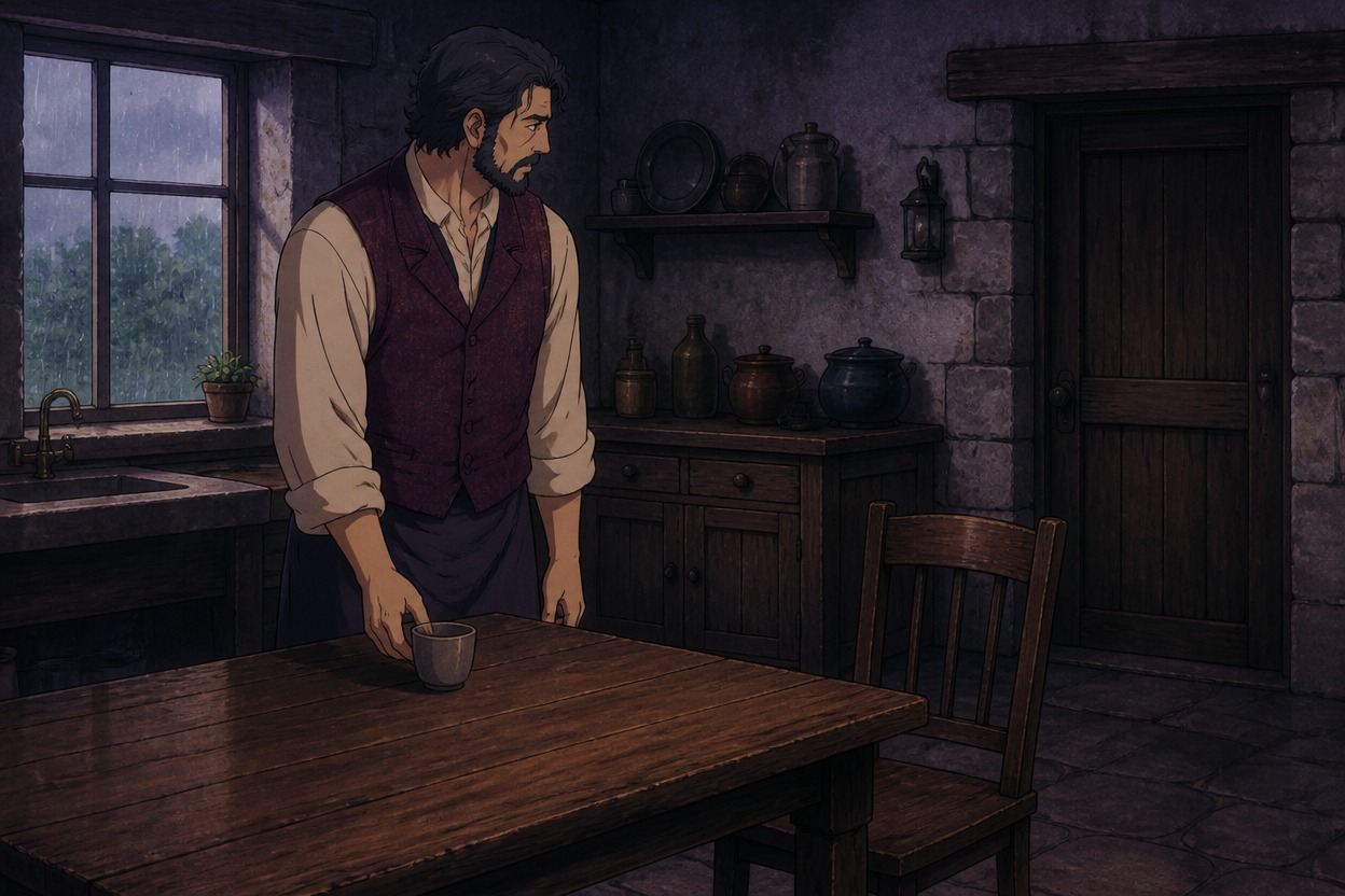 An innkeeper sets a cup before an empty chair