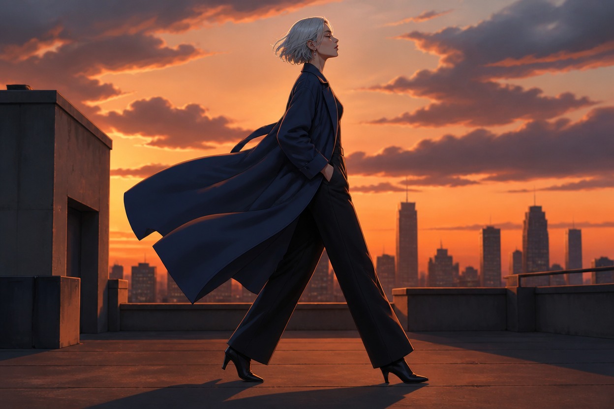Original adult tall character in a long coat with a distinct lean silhouette