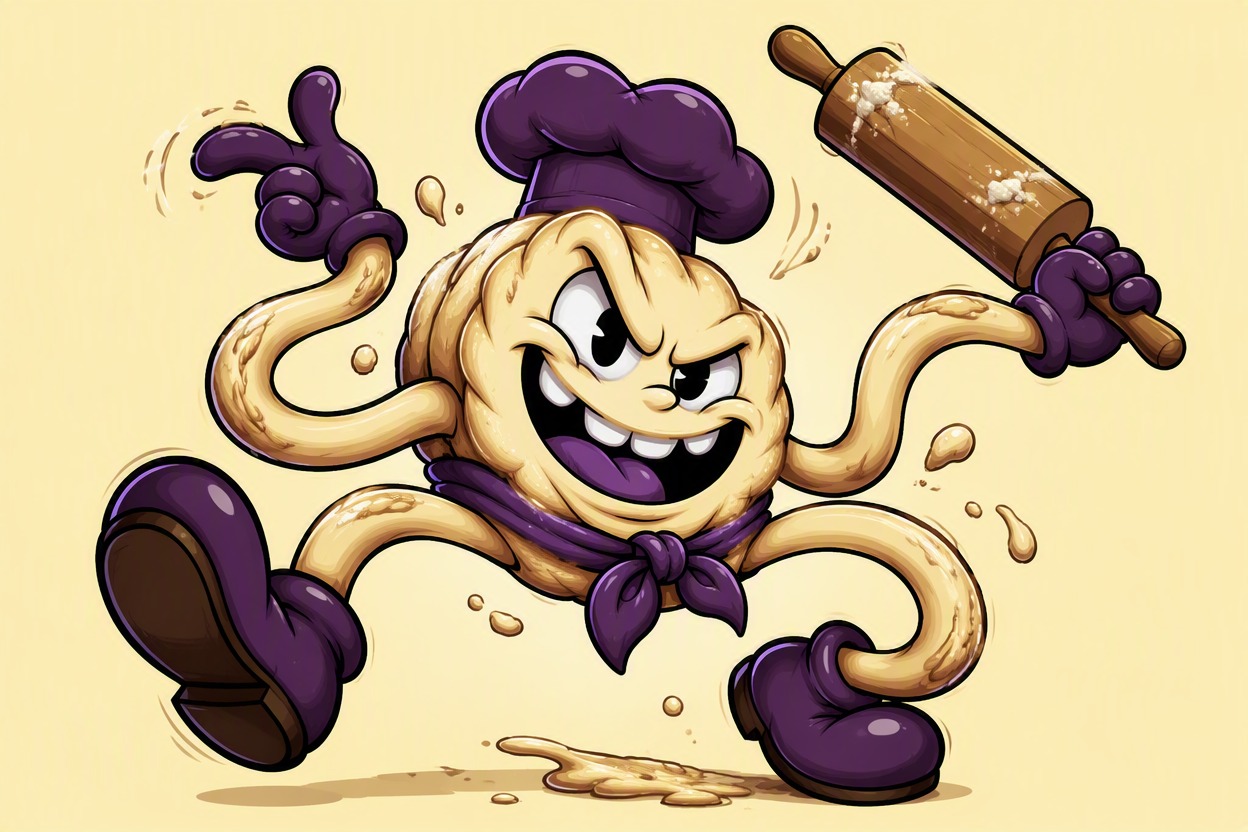 One original mischievous cartoon dough-creature character, dark purple chef accessories, rubber-hose limbs, sly grin, dramatic squash-and-stretch pose, energetic indie game art, uncluttered light background, no text, no watermark
