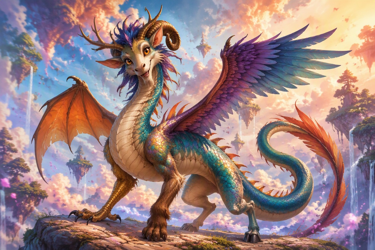 One original lavender and mint hybrid creature with curled horns, mothlike wing, lion paw, deer hoof and flower-tipped tail, calm expression in a luminous dream garden, single char