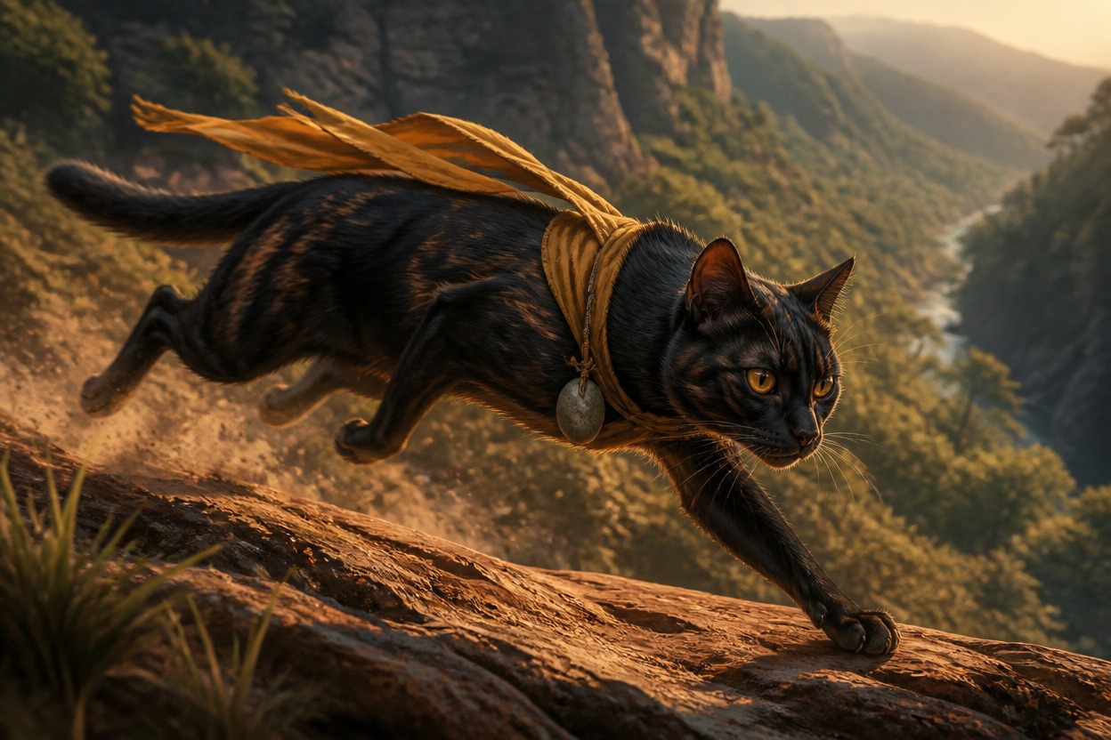 An adult long-tailed cat sprinting above a green valley with a simple shoulder sash