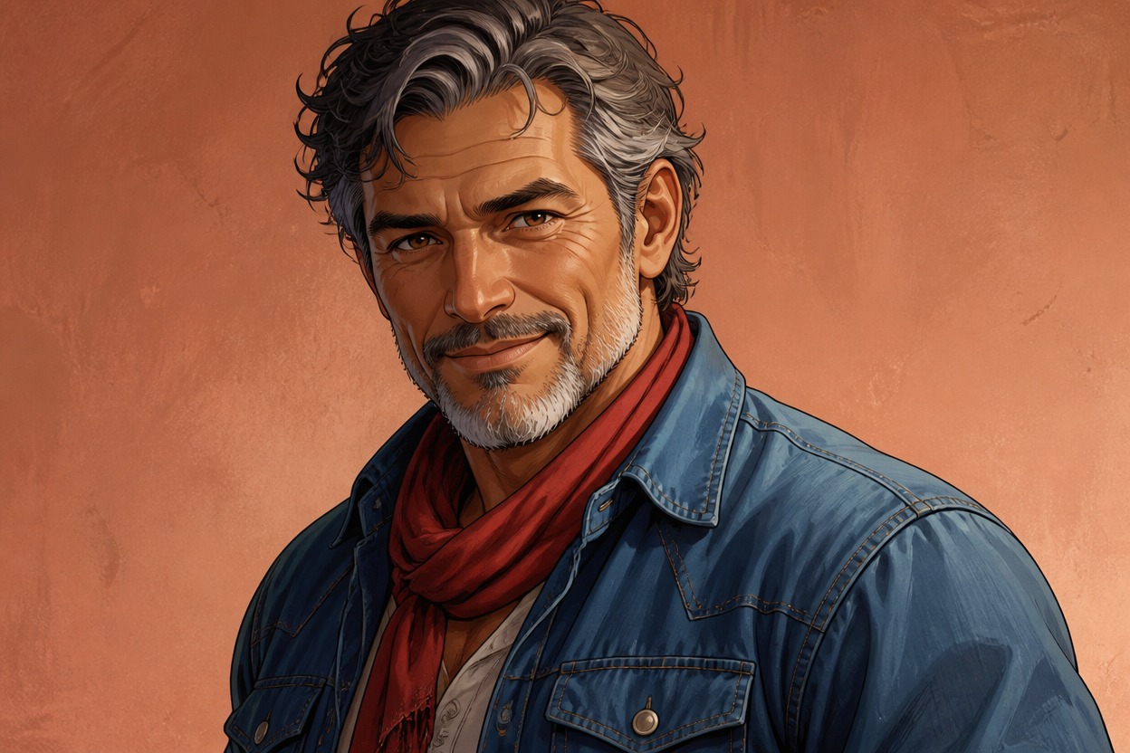 Middle-aged human artisan OC in a warm textile workshop