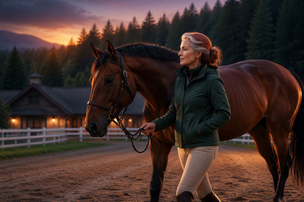One original older female jockey coach with silver-streaked auburn hair, forest-green training jacket and cream breeches, walking beside one bay racehorse with a star marking after